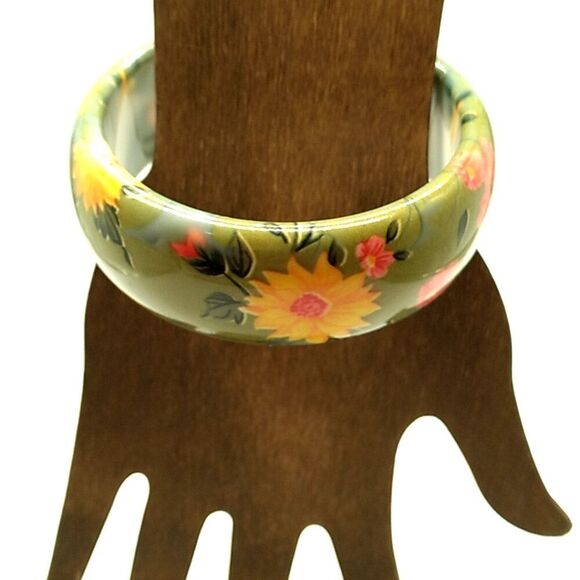 Vintage Chunky Green Orange Red Floral Bangle Bracelet 1" Wide - Picture 6 of 9